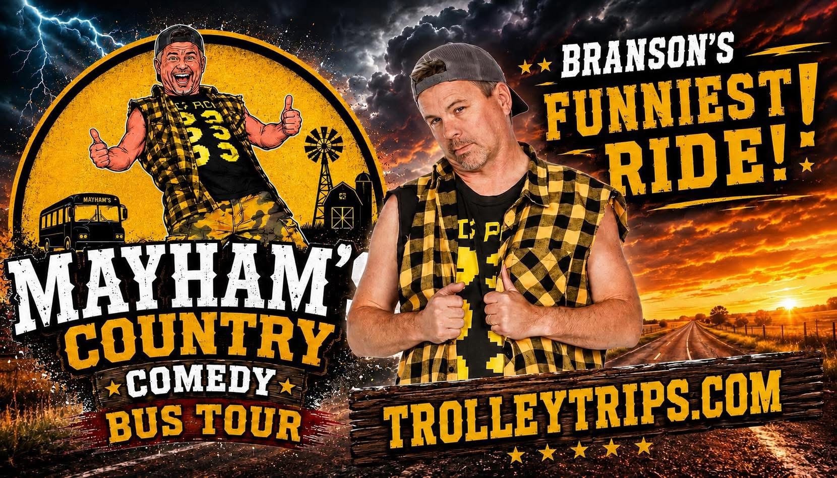 MayHam promotional poster — Branson's Funniest Ride with the comedy bus